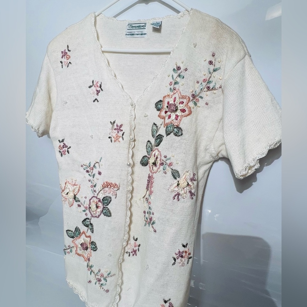 Vintage Shenanigans Embroidered Short Sleeve Knit Button Down Sweater Size L
